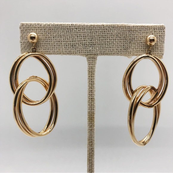 14k yellow gold long double oval dangle hoop earrings figure 8 vintage 2” - Picture 3 of 9
